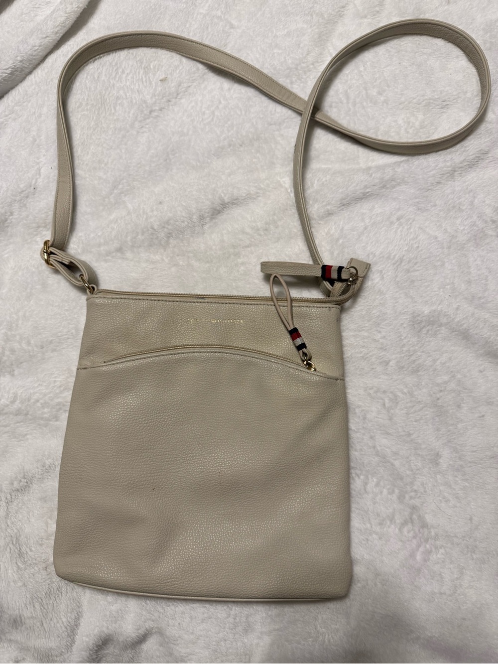 Tommy Hilfiger Beige Taupe Pebbled Crossbody Bag Gold Tone